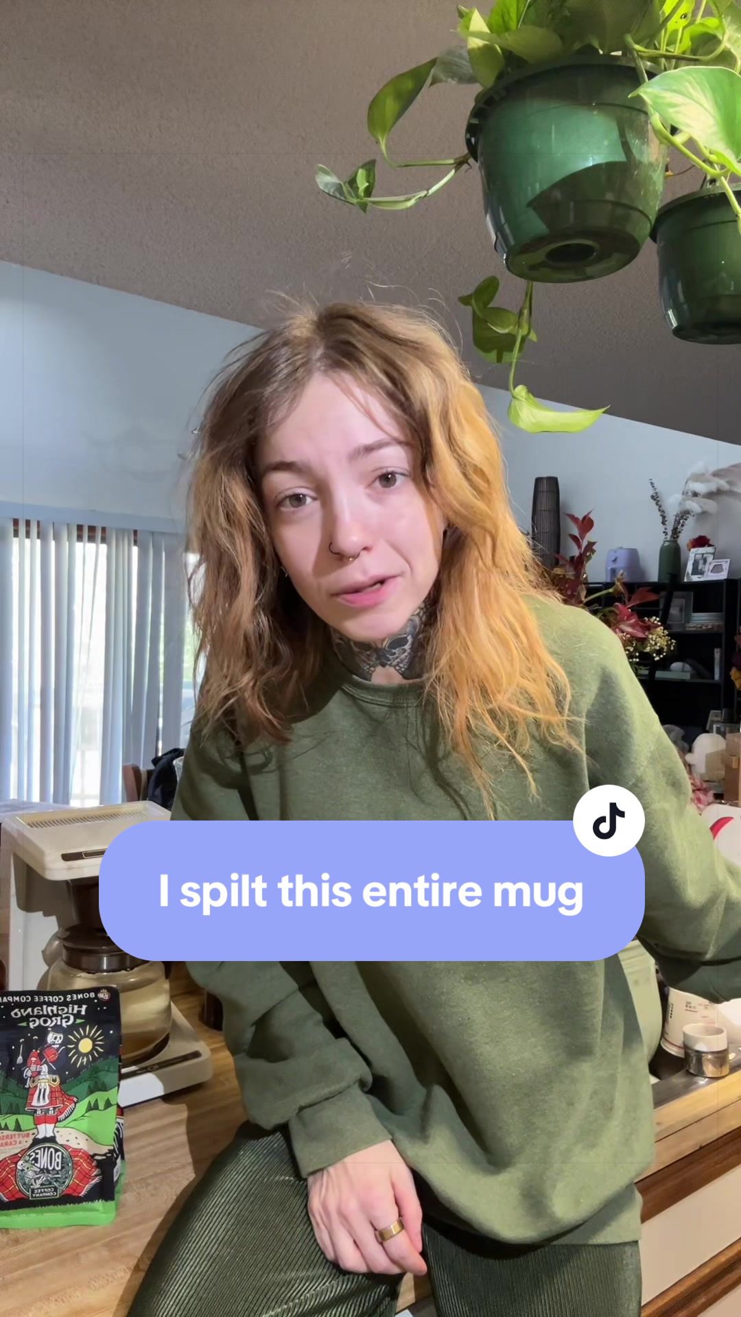 TikTok post by @crunchymomsourdough for Bones Coffee Company. Caption reads: [...] #worklife #work #drinks #fuck @Bones Coffee....