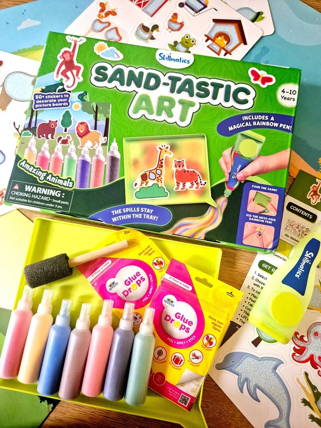 Instagram post by @ourbookishplaydays for Wire PR. Caption reads: Ad|Gifted • 🎨 Sand-tastic Art 🎨 The boys love a....