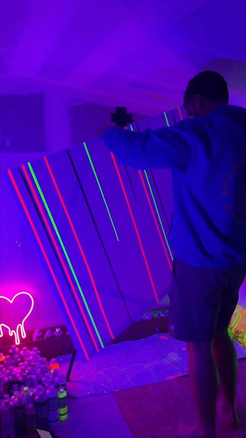 Instagram post by @jakeboldt_ for DecoArt. Caption reads: Pink, green and black. Some of the lines curve....