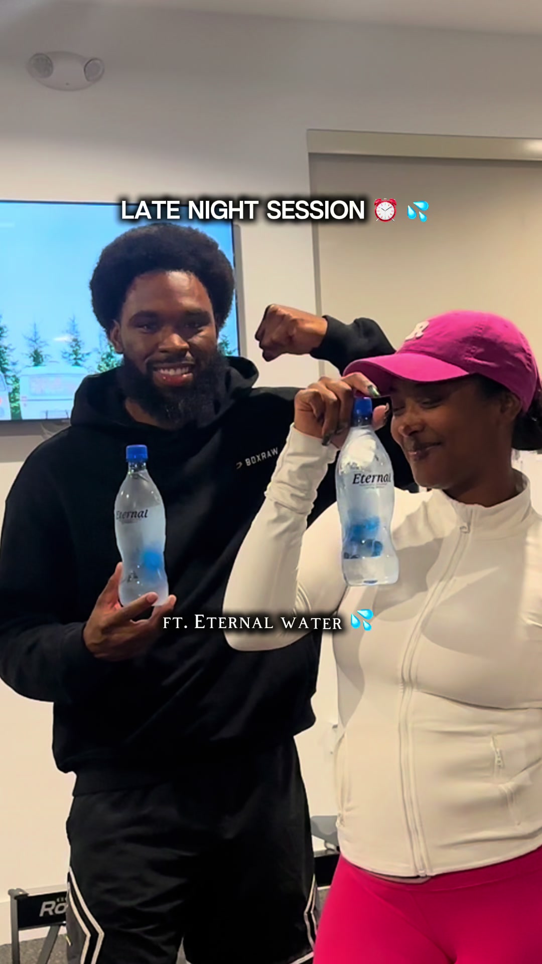 TikTok post by @roandj_ for Eternal Water. Caption reads: Full body workout with @Eternal Water 💦🏋🏾‍♀️....