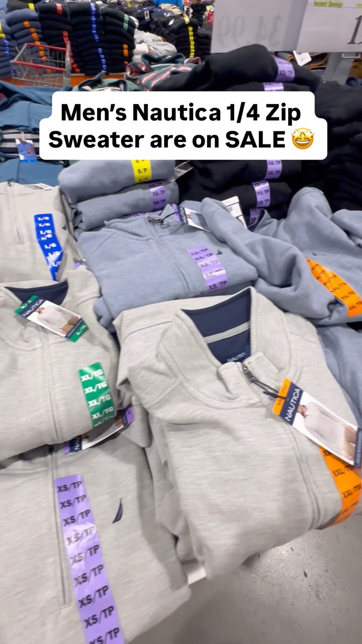 Instagram post by @costcofindsca for Nautica. Caption reads: Men’s Nautica 1/4 Zip Sweater are on SALE 🤩 These....