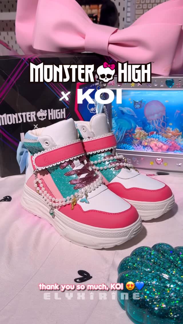 Instagram post by @elyxirine for Koi Footwear. Caption reads: 🎀 unboxing Monster High x KOI footwear: Neptuna....