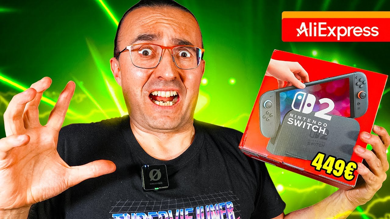 YouTube post by @TuberViejuner for Gvgmall. Caption reads: I bought a Nintendo Switch 2 on AliExpress and....