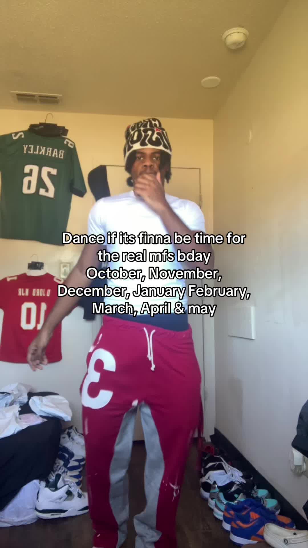 TikTok post by @ryzjacked for mnml. Caption reads: Sweatpants from @mnml #birthday #wlw #2025dances....