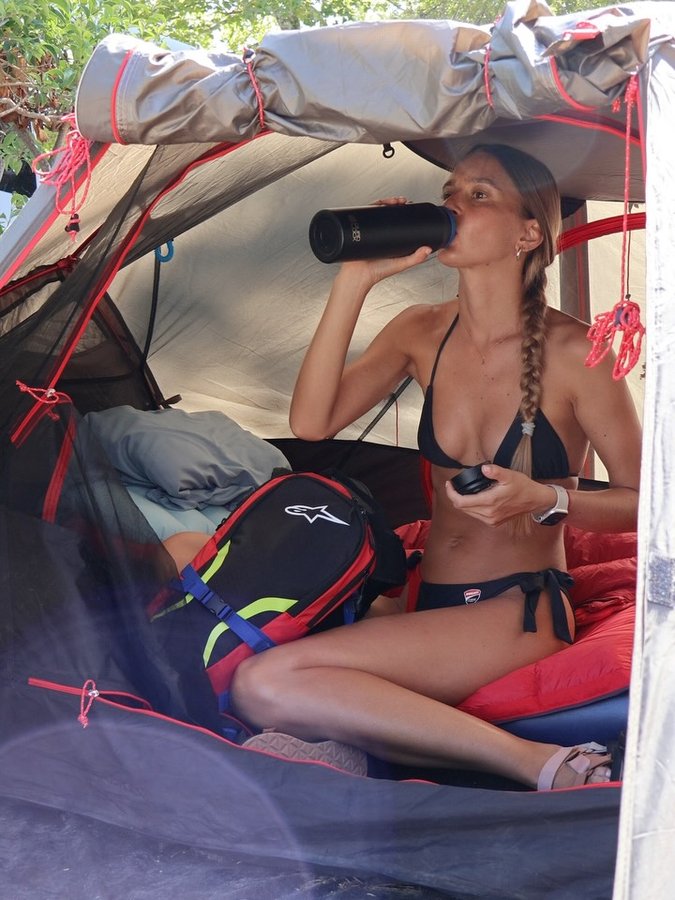 Instagram post by @dominika_rides for HJC Helmets. Caption reads: Have you ever been
camping by yourself⁉️
Solo....