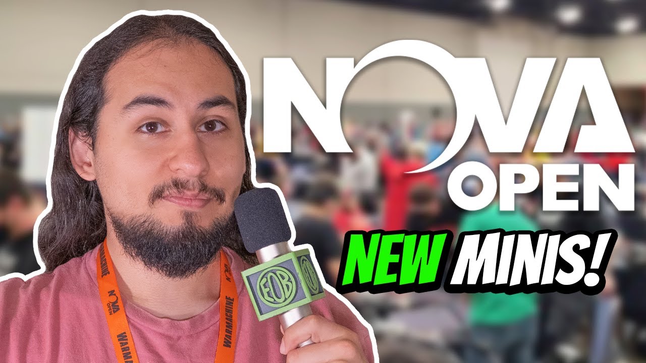 YouTube post by @EonsOfBattle for MyMiniFactory. Caption reads: New Minis! First Time at the Nova Open!.