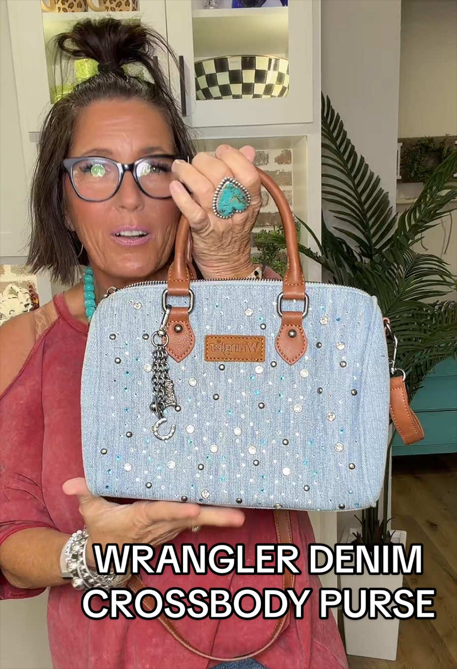 TikTok post by an influencer for Rustic Charm Bootic. Caption reads: [...] #wranglerpurse #totebag @Rustic Charm Bootic.