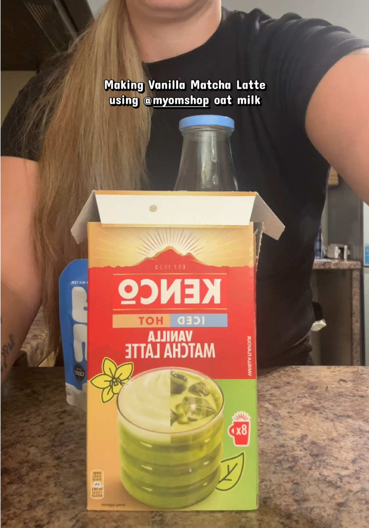 TikTok post by @jade_boymum.xx for MYOM. Caption reads: @myomshop #matcha #myom #oatmilk #drink.