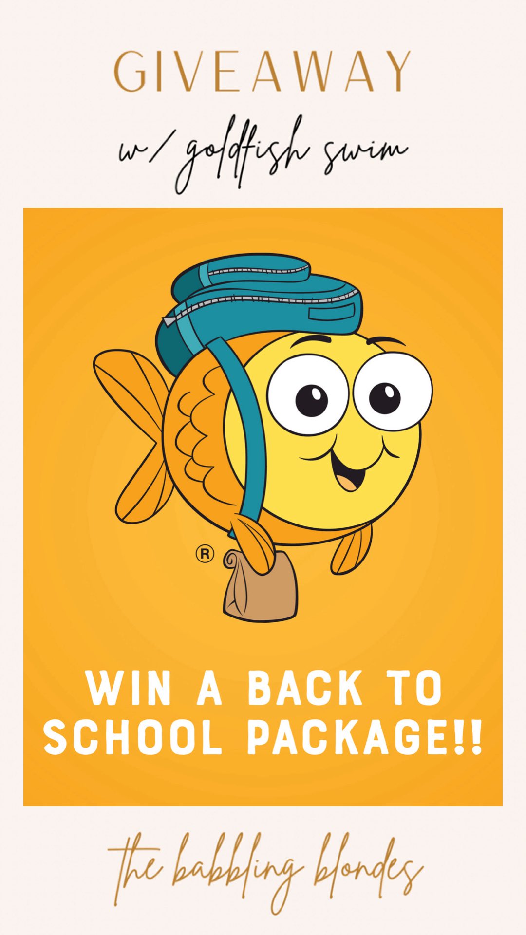 Instagram post by @thebabblingblondes for Goldfish Swim School. Caption reads: 🎉 GIVEAWAY TIME 🎉 #ad We’re teaming up with one....