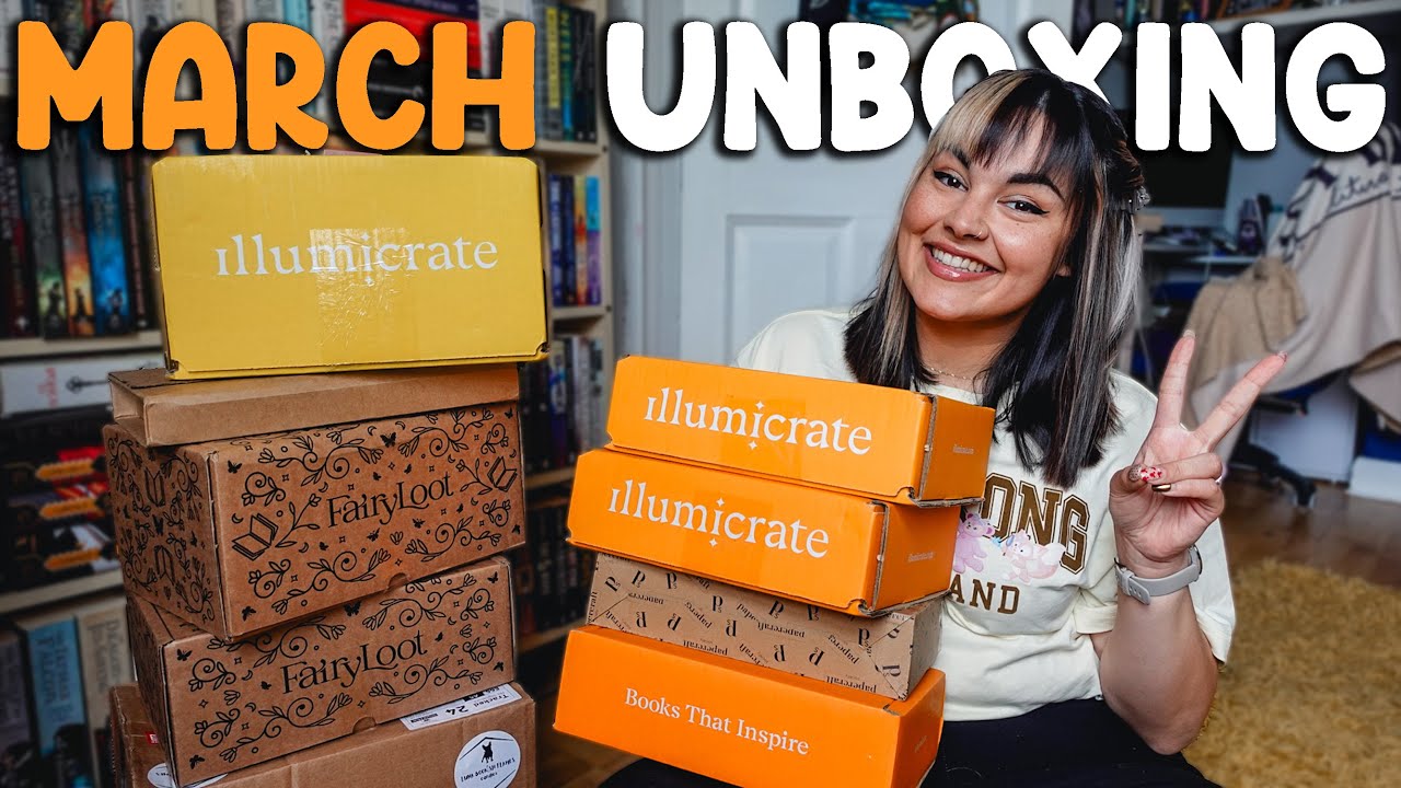 YouTube post by @BeccaandTheBooks for FairyLoot. Caption reads: March Book Unboxing! Illumicrate, Fairyloot,....