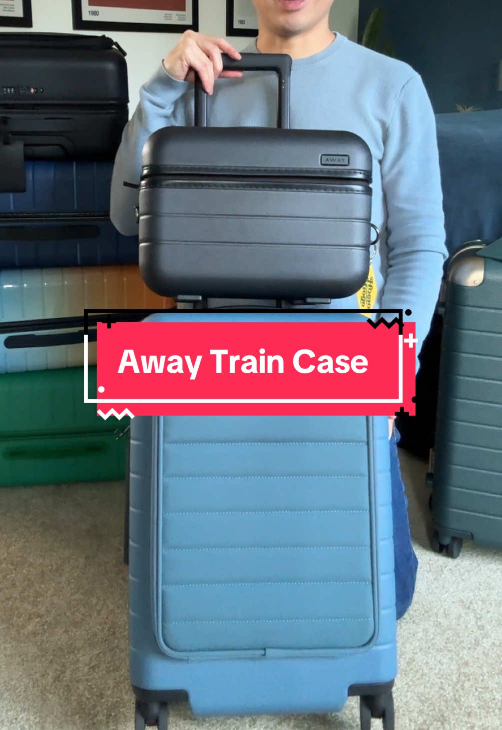 TikTok post by @kevin.vinyl for Away. Caption reads: [...] little guy, and it’s on sale! @Away Travel....