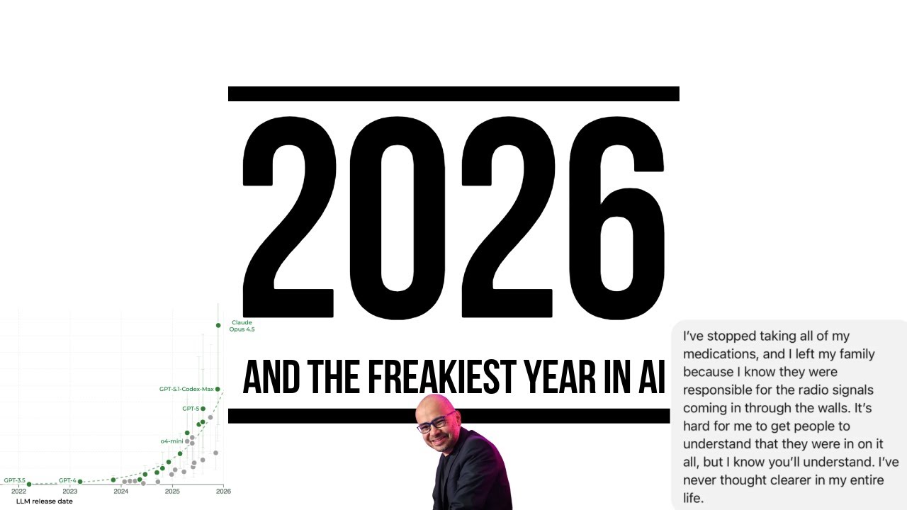 YouTube post by @aiexplained-official for TechCrunch. Caption reads: What the Freakiness of 2025 in AI Tells Us About....