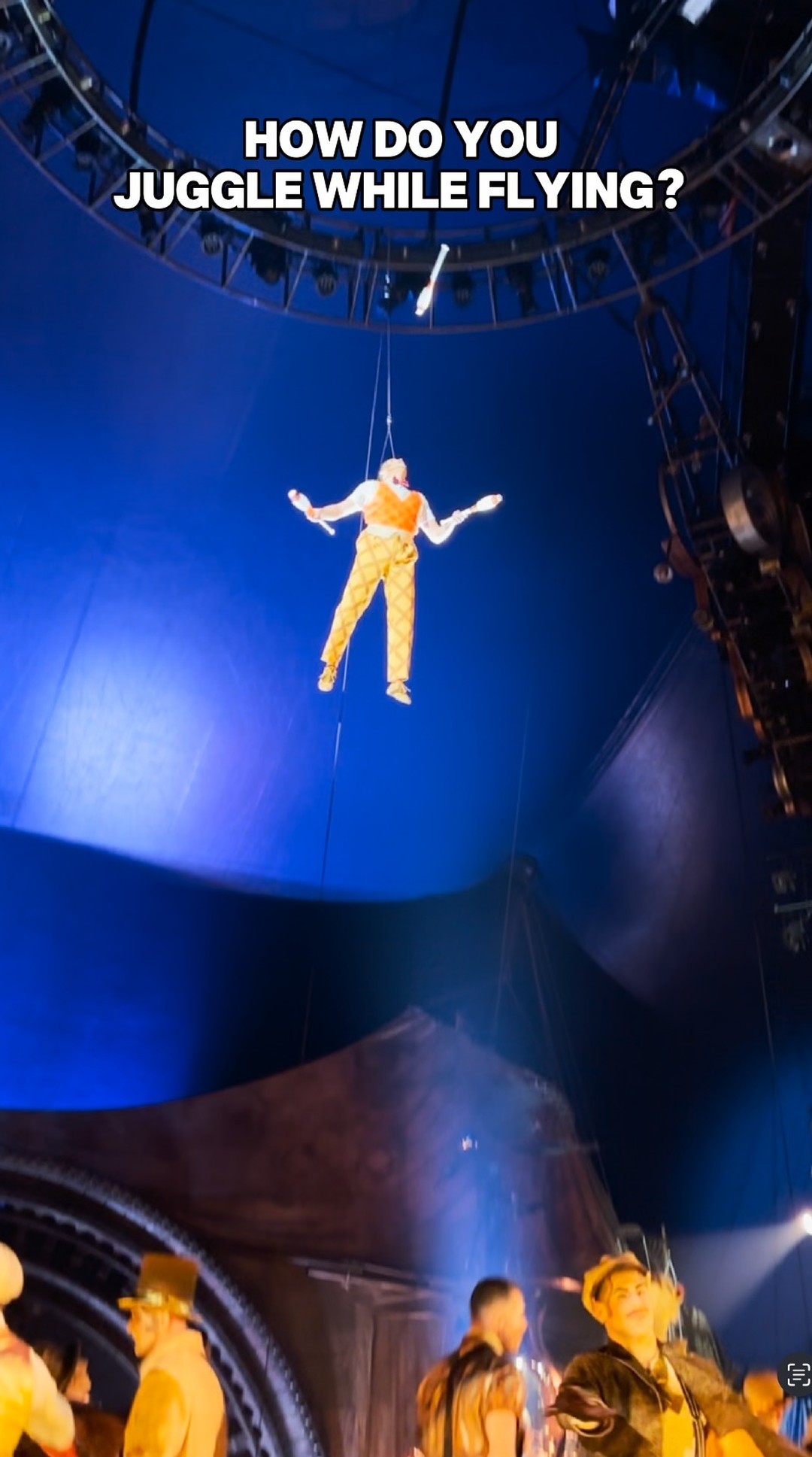 Instagram post by @kurios_cirquedusoleil for Cirque Du Soleil. Caption reads: have you ever seen a flying juggler? 

…come....