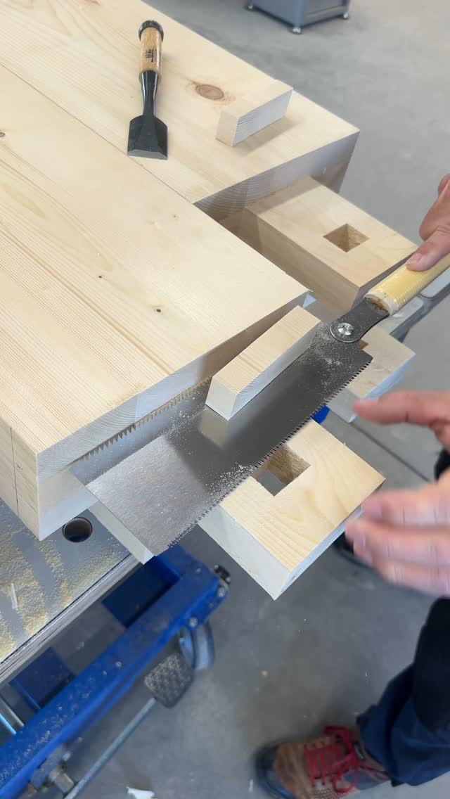 Instagram post by @dustylumberco for SUIZAN. Caption reads: [...] last section of these tenons with the....