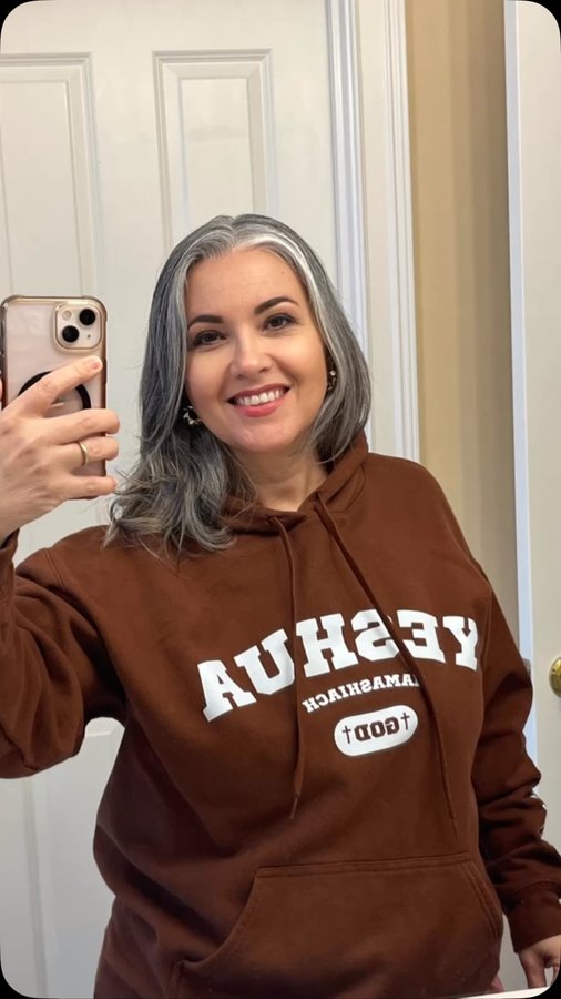 Instagram post by @born_to_make_a__difference for Boom Beauty. Caption reads: Look of the day. Gray hair Inspo. Gratitude!🙏....