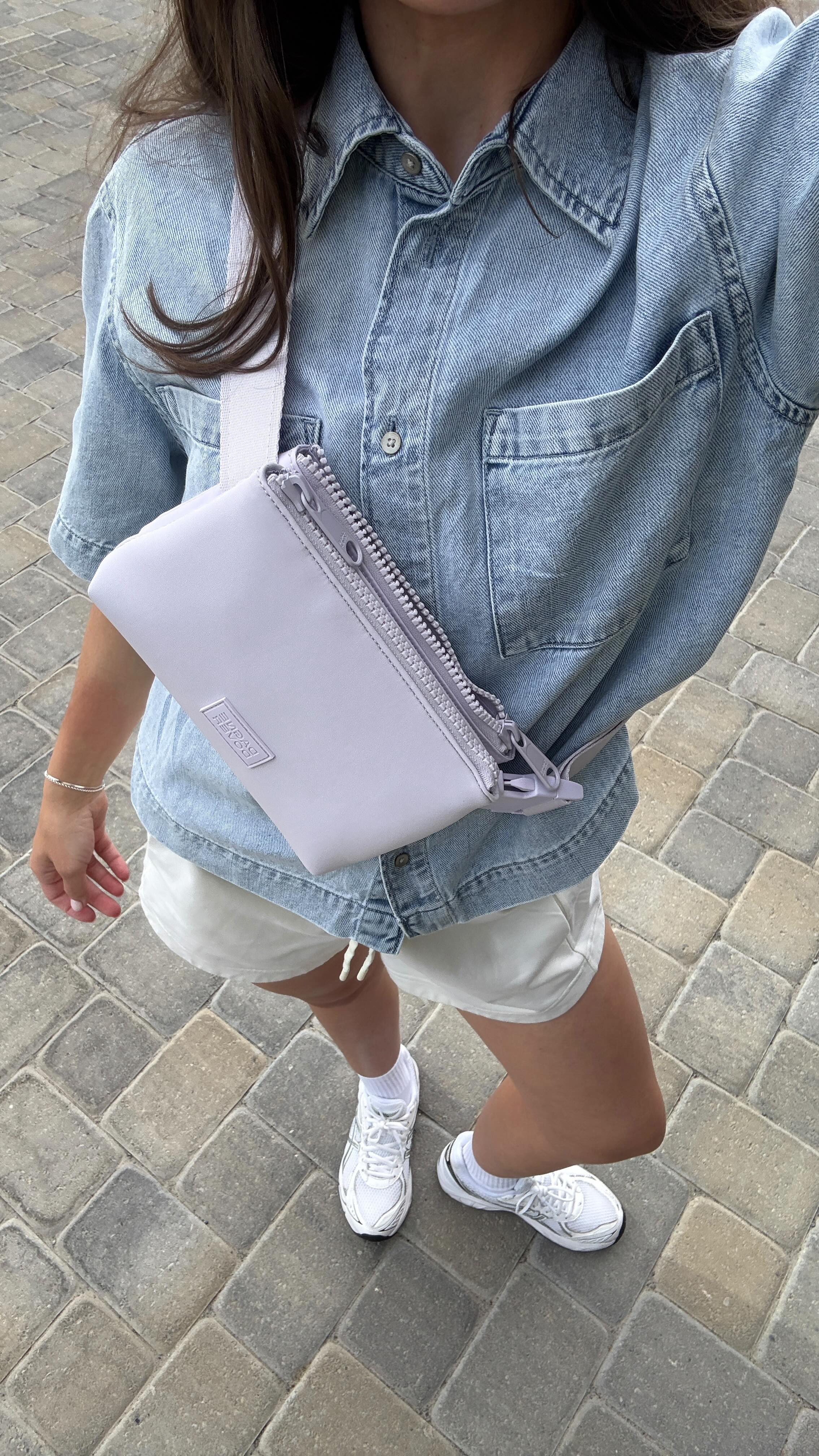 Instagram post by @madelinelikesclothes for Dagne Dover. Caption reads: The Bennie sling bag from @dagnedover making mom....