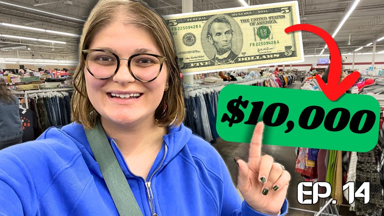 YouTube post by @RebekahAllison for Poshmark. Caption reads: DAY 14 OF TURNING $5 INTO $10,000 BY THRIFTING &....