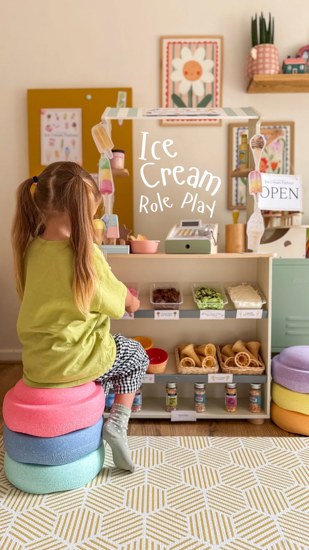 Instagram post by @playdayswithjess for Aldi. Caption reads: ROLE PLAY ICE CREAM PARLOUR // 🍦🌈
If your new....