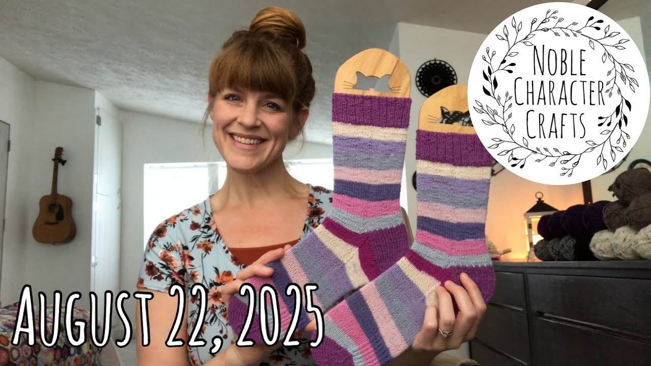 YouTube post by @noblecharactercrafts for Knit Picks. Caption reads: Noble Character Crafts - August 22, 2025 -....