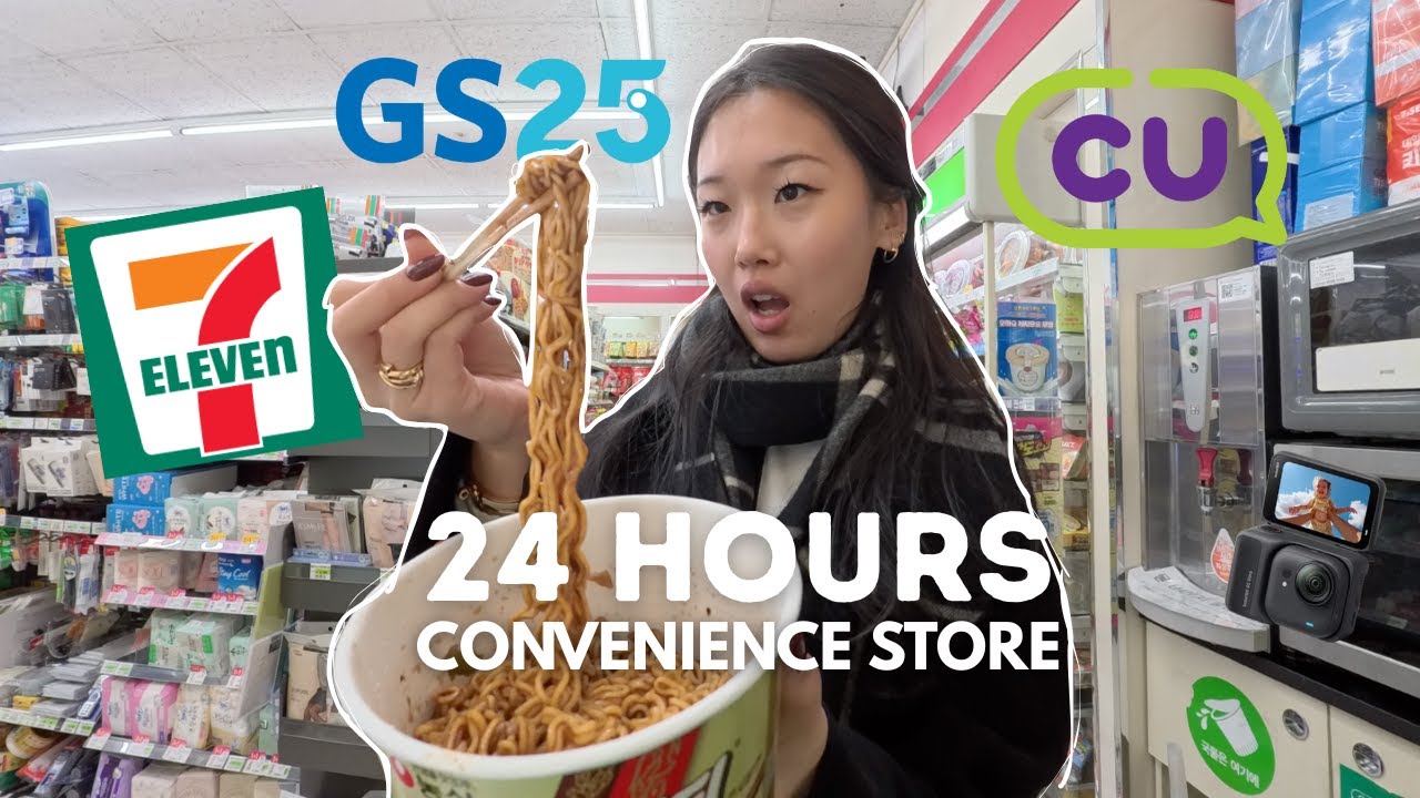 YouTube post by @via.ilyouu for Depop. Caption reads: EATING ONLY KOREAN CONVENIENCE STORE FOOD FOR 24....