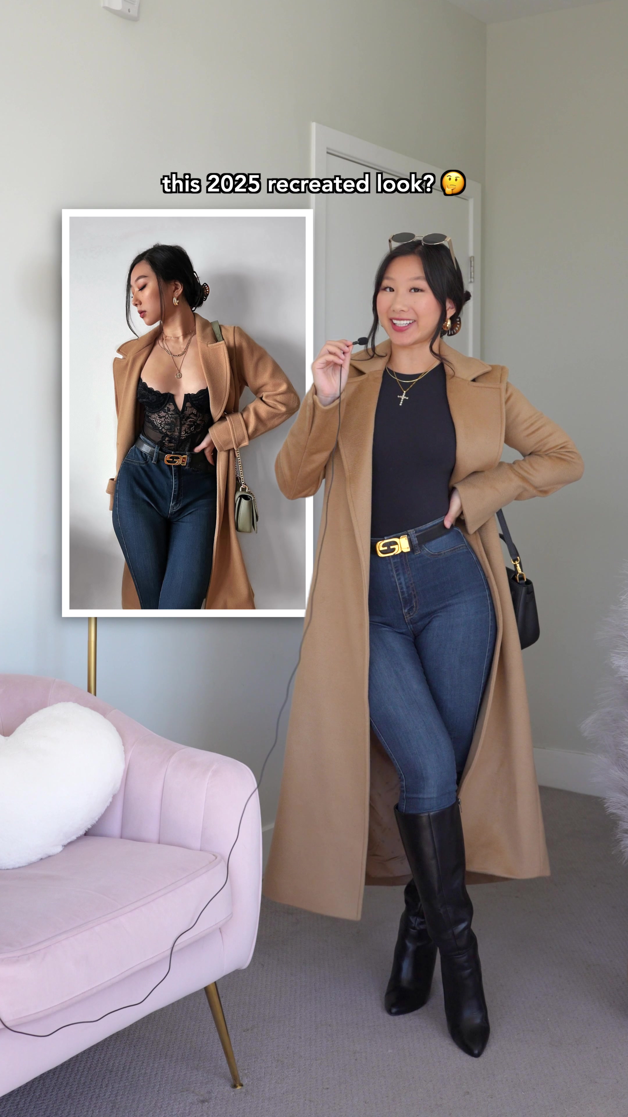 TikTok post by @vivacious.honey for LTK. Caption reads: 2025 recreated look: YAY or NAY? 💬 Follow for....