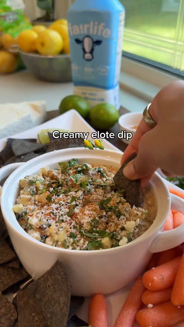 Instagram post by @victoriatschoppp for fairlife. Caption reads: #fairlifepartner creamy summer Elote Dip with....