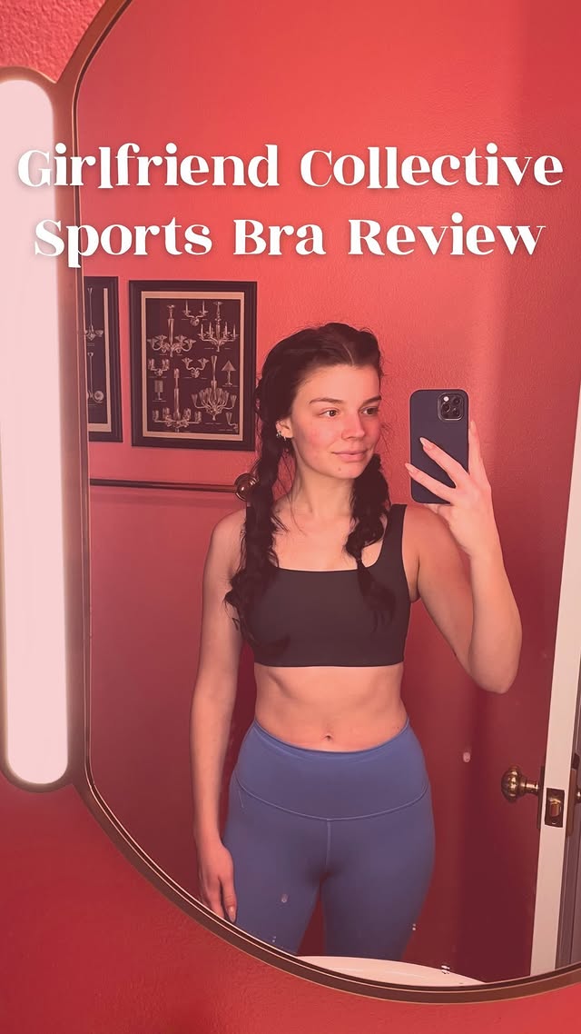 Instagram post by @jessicawhitaker for Girlfriend Collective. Caption reads: Favorite sports bra from @girlfriend! The “Tommy”....