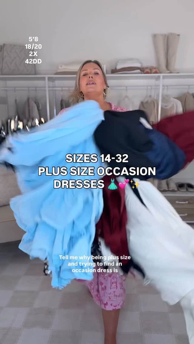 Instagram post by @ashley_dorough for ELOQUII. Caption reads: ✨PLUS SIZE OCCASION DRESSES✨ SIZES 14-32 👏 which....