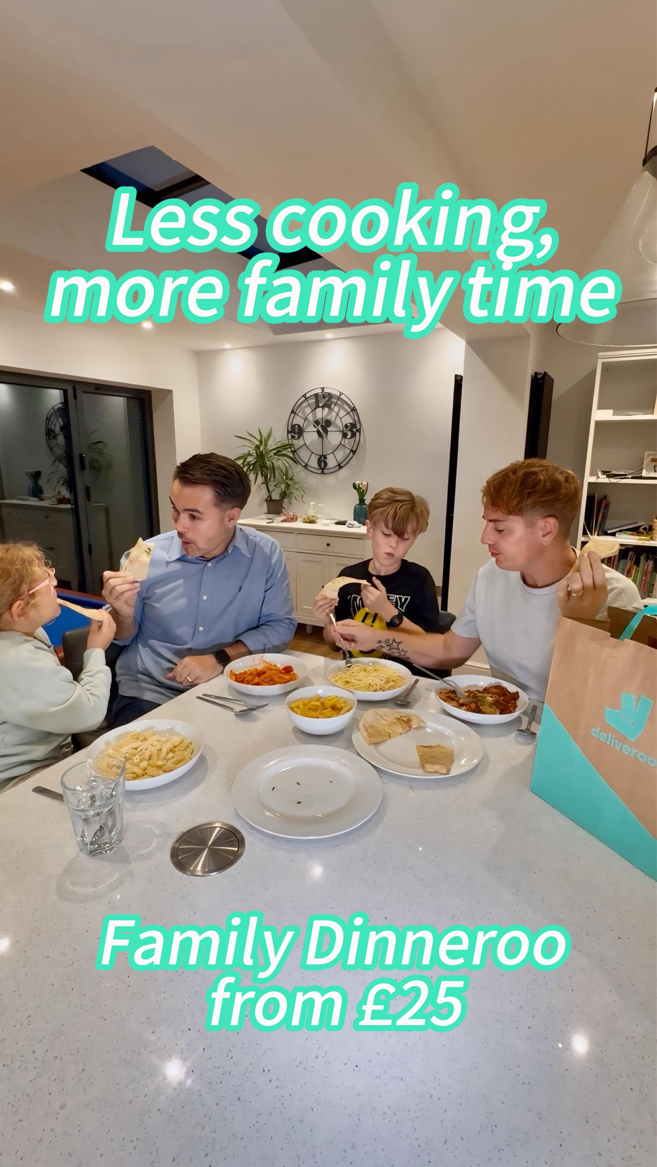 Instagram post by @twodadsinlondon for Deliveroo. Caption reads: AD | Weeknight dinner chaos vs Deliveroo’s Family....