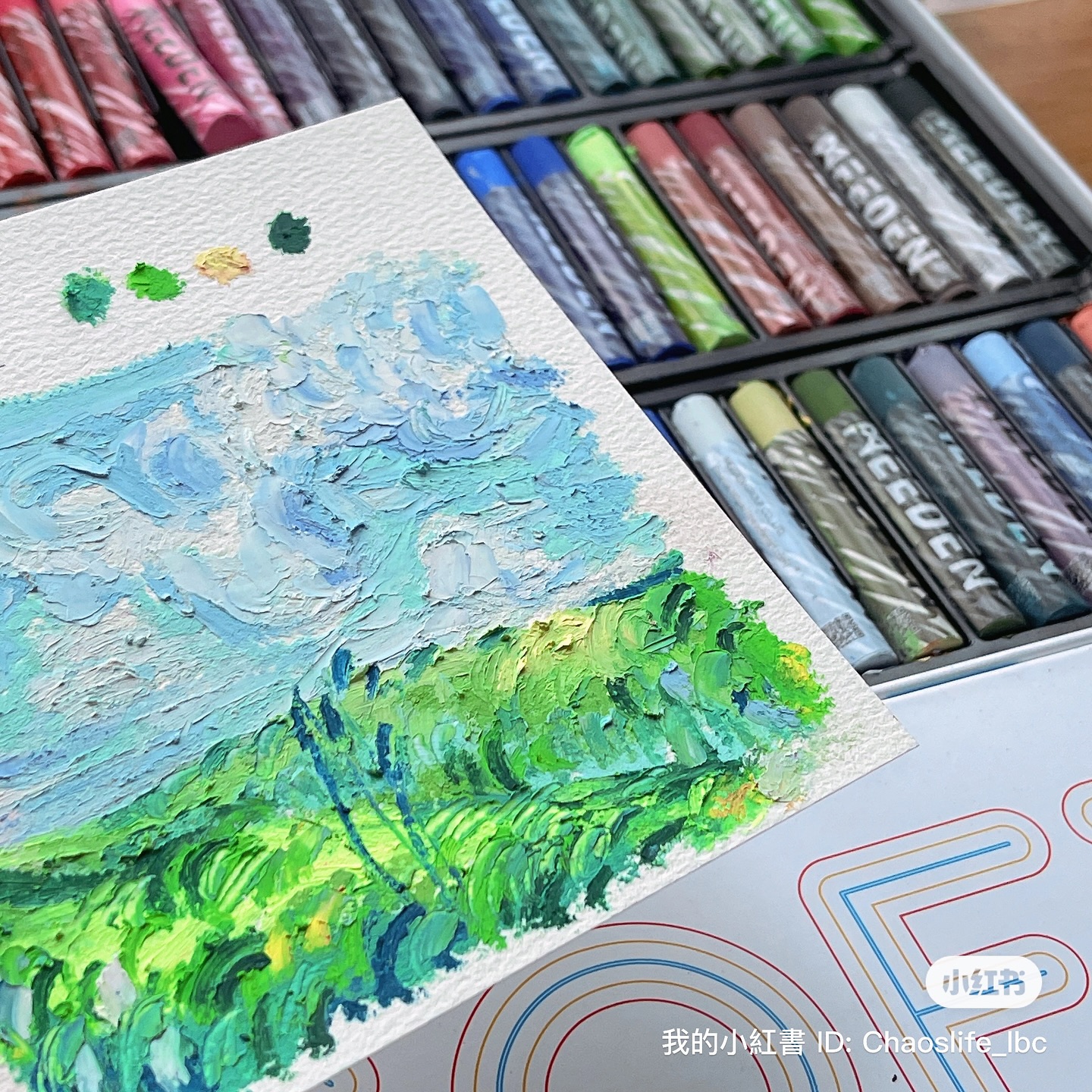 Instagram post by @chaoslife_lbc for MEEDEN ART. Caption reads: Green wheat fields- Van Gogh but with @meeden.art....