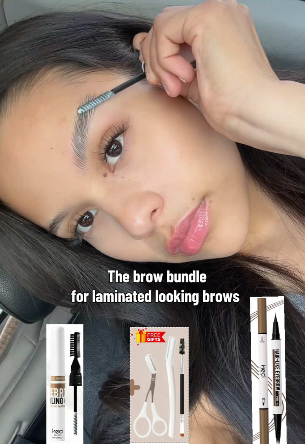 TikTok post by @delacruzmariely for HECI Beauty Makeup. Caption reads: [...] #laminatedbrows #fluffybrows||@HECI Beauty....