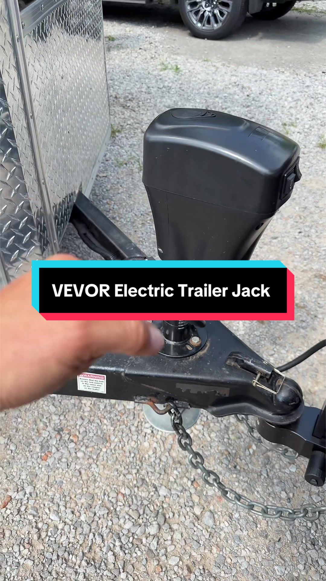 TikTok post by @hardwick606 for VEVOR US. Caption reads: #electrictrailerjack #trailerjack #trailer #vevor....