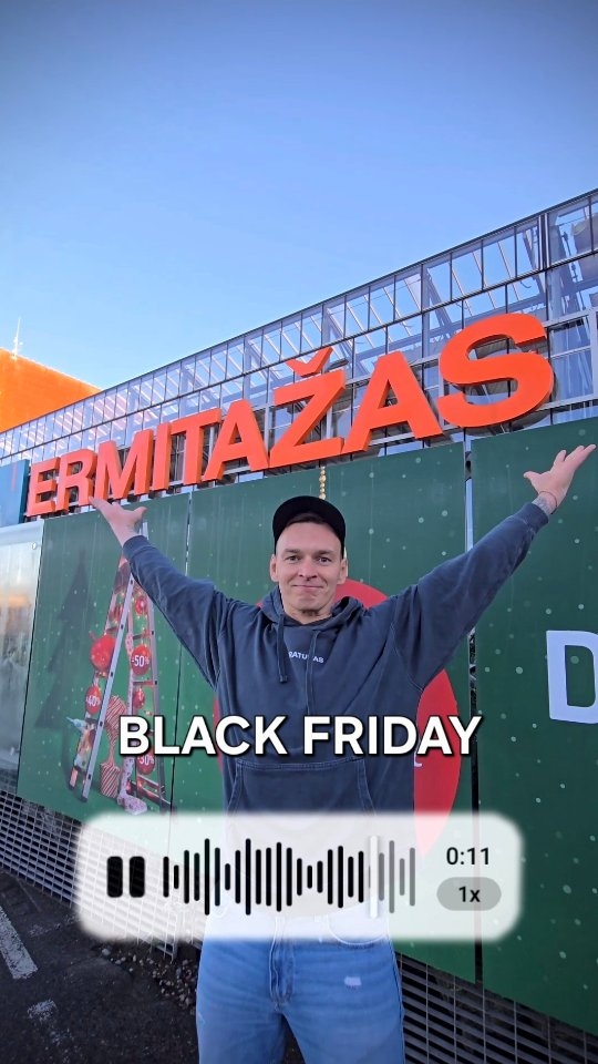 Instagram post by @bratukas_statybos for ERMITAŽAS. Caption reads: 🖤 Juodai žemos kainos @ermitazas_ – tik iki....