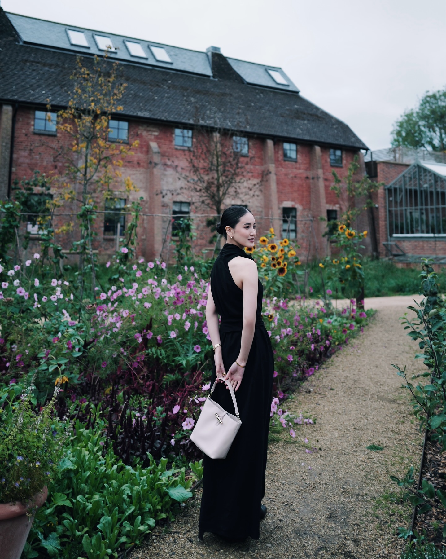 Instagram post by @fujiikaren_official for Longchamp. Caption reads: A special time in the Cotswolds....