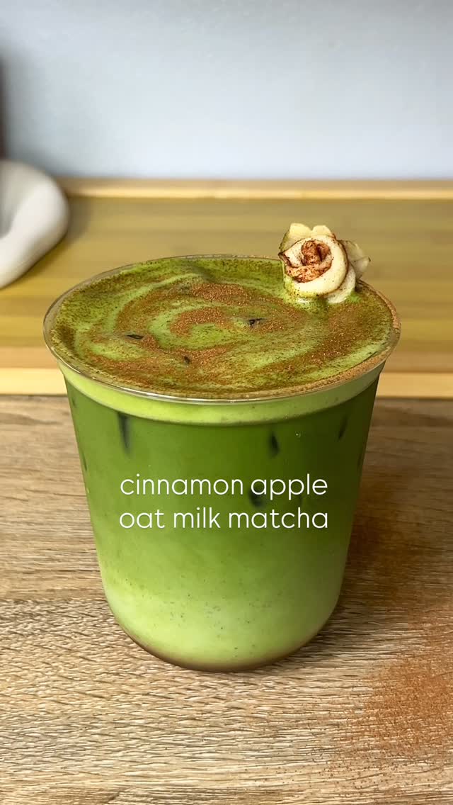 Instagram post by @matchagrlcafe for Nioteas. Caption reads: cinnamon apple oat milk matcha 🍎🍂

♡ send this....