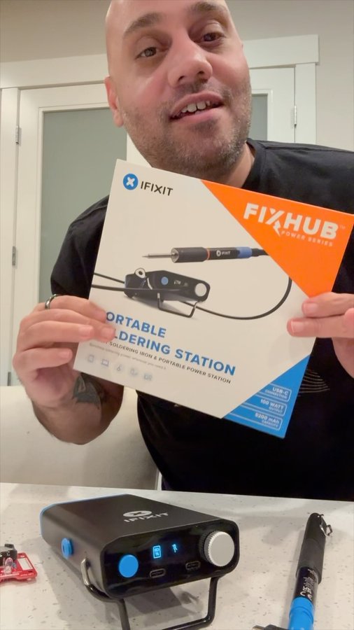 Instagram post by @andru for iFixit. Caption reads: I just finished my first-ever soldering project—a....