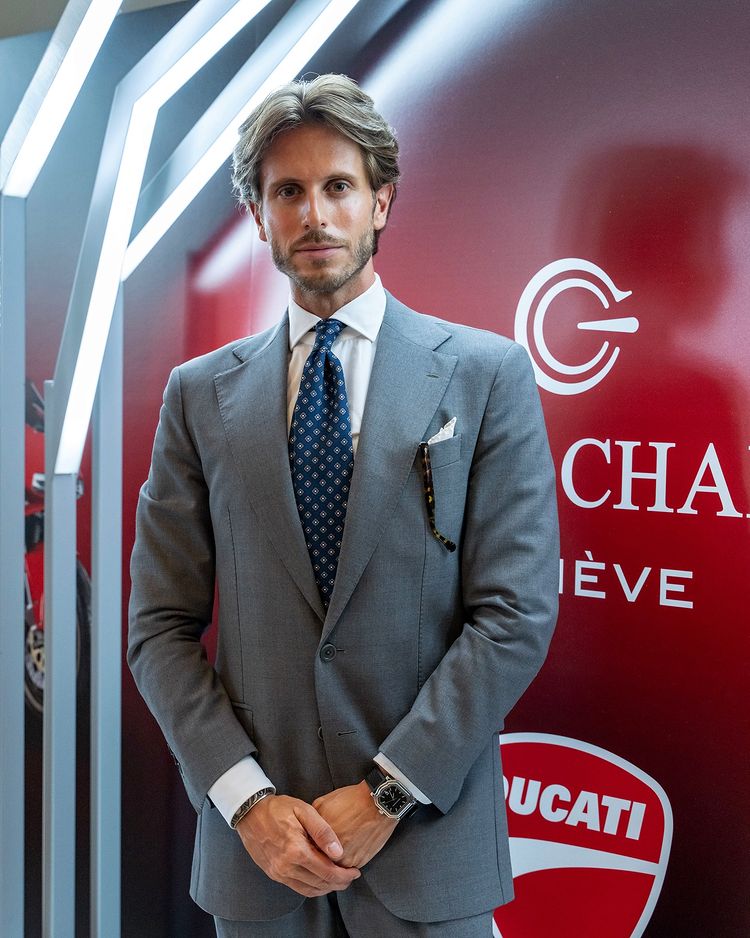 Instagram post by @marcotaddeiofficial for GERALD CHARLES. Caption reads: In Geneva with @geraldcharles_official and @ducati....