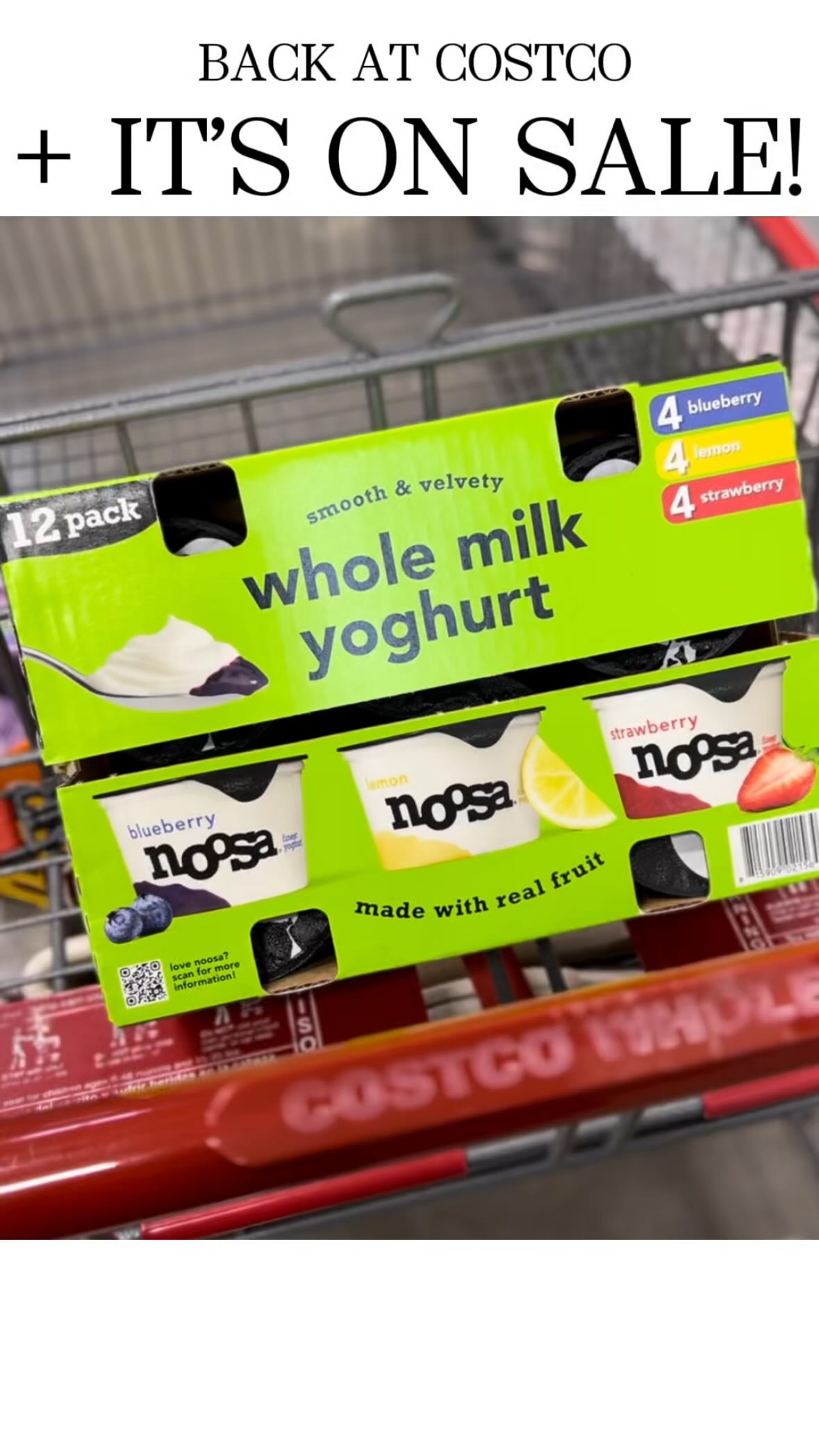 Instagram post by @costcobffs for Noosa Yoghurt. Caption reads: @noosayoghurt is back at @costco! They’ve got a....