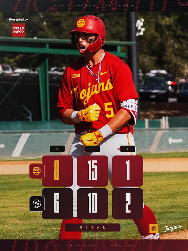 Instagram post by @sctrojans_baseball for Wells Fargo. Caption reads: Finished the job 😤✌️ #FightOn x @wellsfargo.