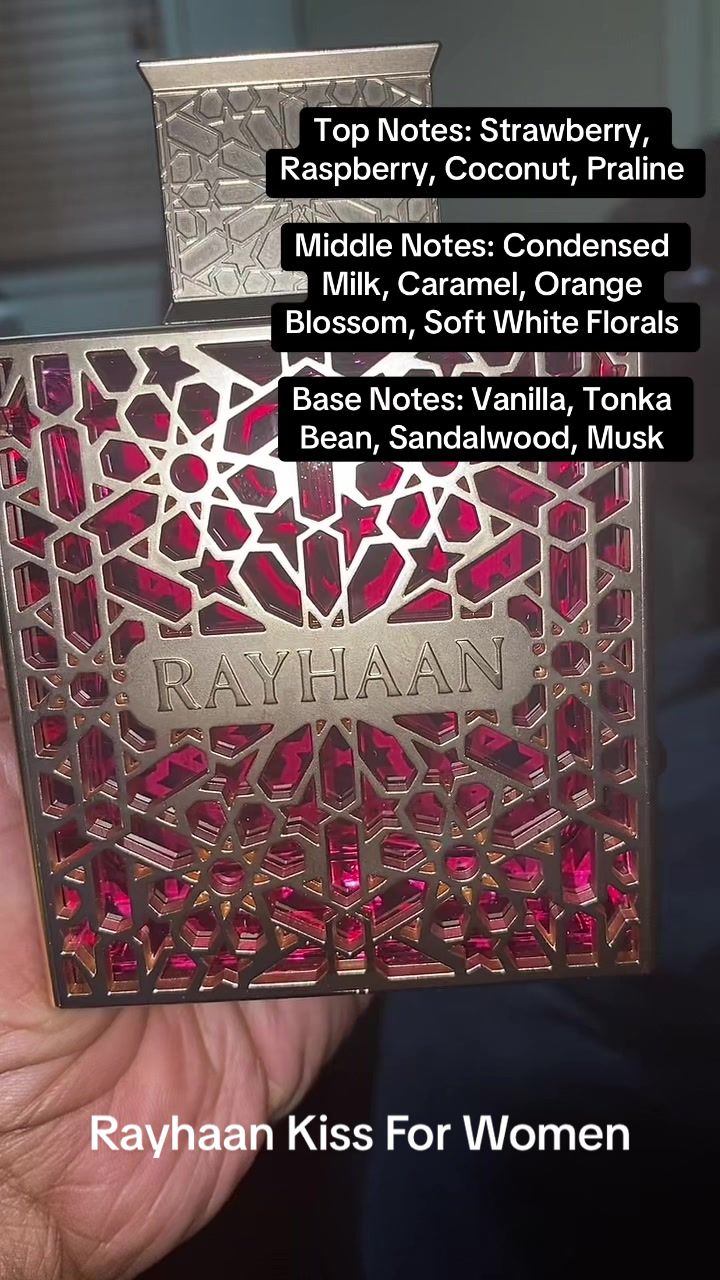 TikTok post by @reviewedbyshay for Beauty House. Caption reads: [...] Kiss For Women @Rayhaan Perfumes....