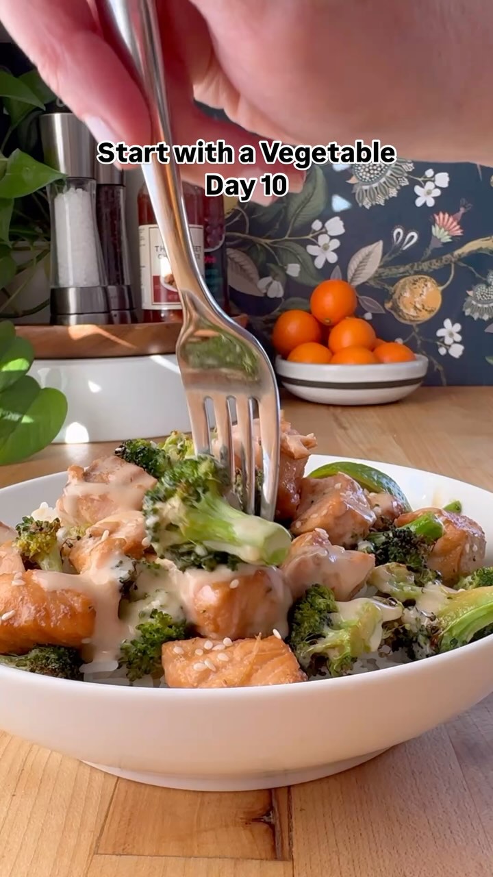 Instagram post by @inquiringchef for Hy-Vee. Caption reads: Air Fryer Salmon Bites and Broccoli coming in hot....