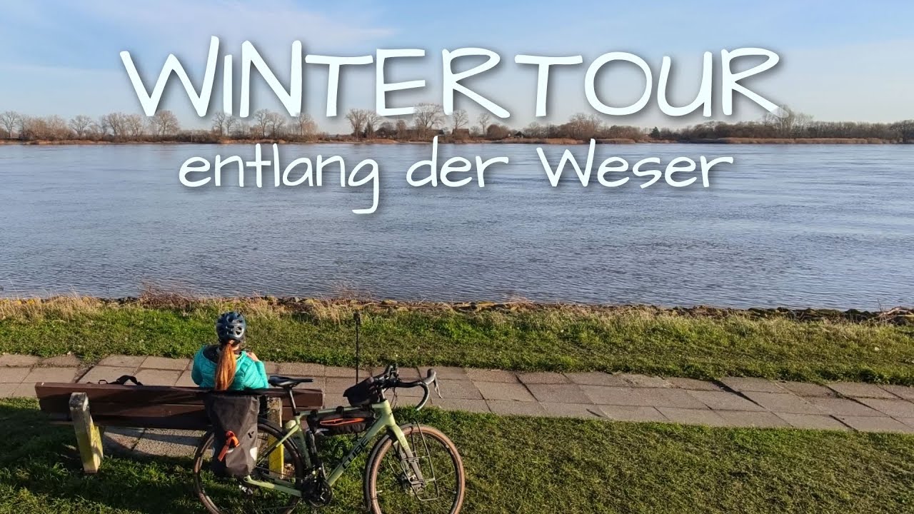YouTube post by @EinfachFranzi for komoot. Caption reads: Winter home ride along the Weser River 🚲❄️ | Sun,....