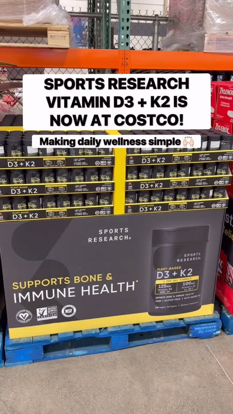 Instagram post by @costcobuys for Sports Research. Caption reads: 💊 Sports Research Vitamin D3 + K2 is available at....