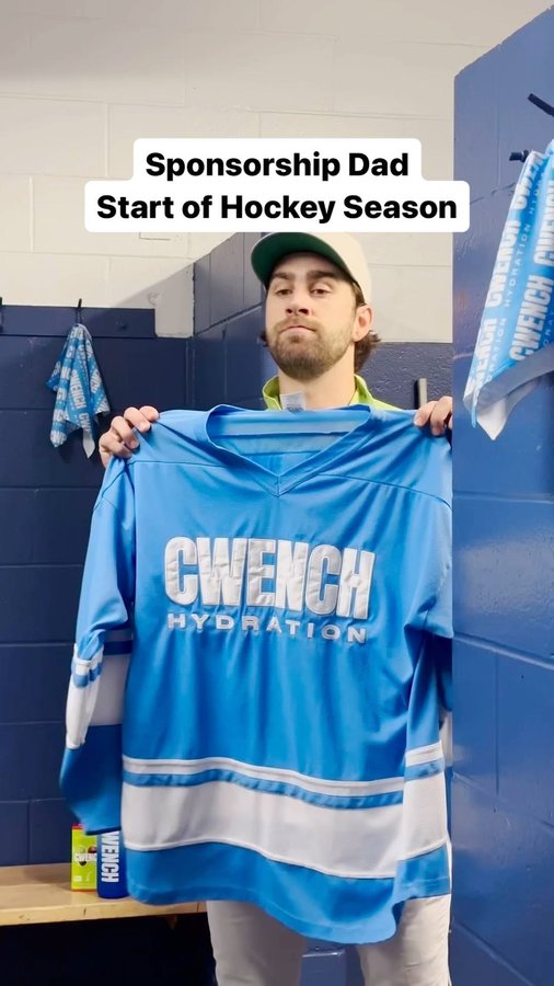 Instagram post by @austenalexander for CWENCH Hydration. Caption reads: [...] 🏒💵🥤Who’s ready to suit up? w/....