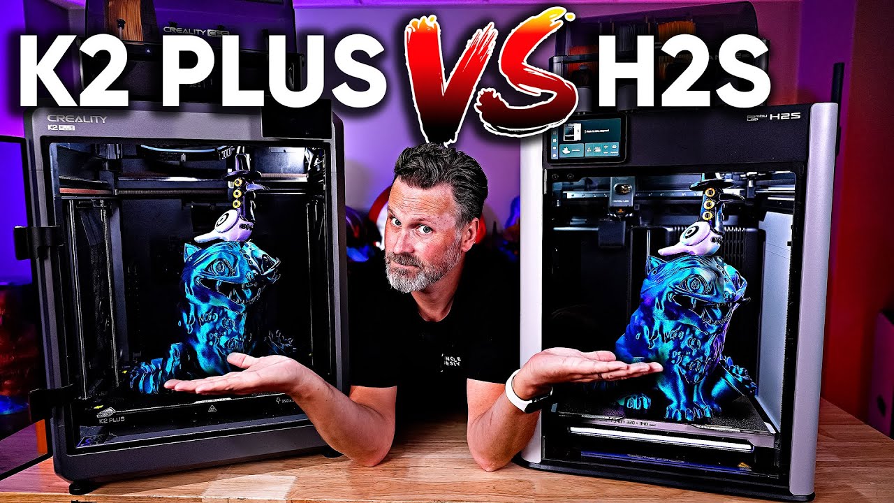 YouTube post by @UncleJessy for MyMiniFactory. Caption reads: Bambu Lab H2S vs Creality K2 Plus — 3D Printer....