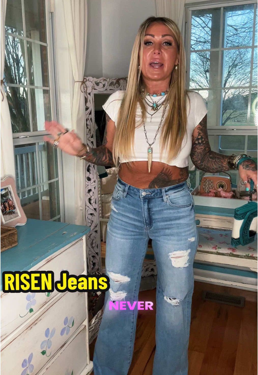 TikTok post by @nattymctatty1981 for Wild Oak Boutique. Caption reads: [...] #bluejeans #denimjeans #flarejeans @Wild Oak....