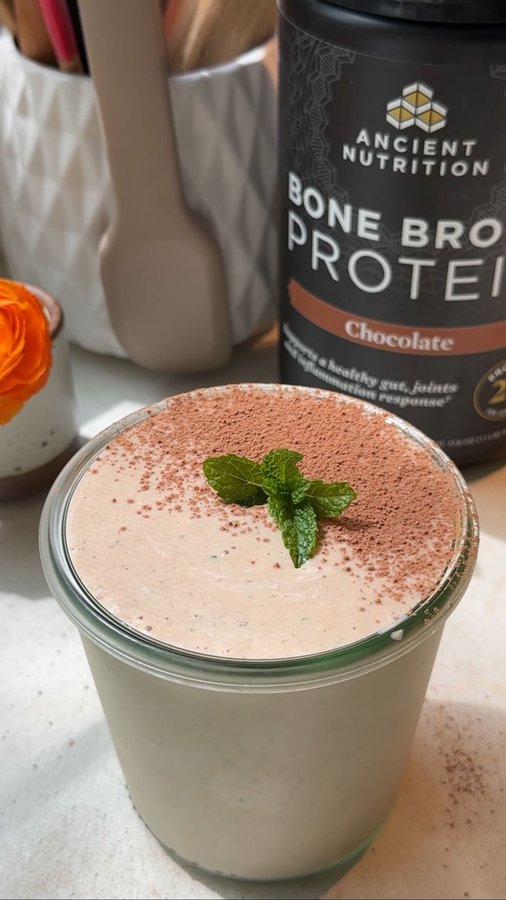 Instagram post by @thetessasmith for Ancient Nutrition. Caption reads: Chocolate Mint Bone Broth Protein Smoothie

Yeah....