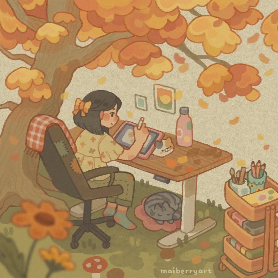 Instagram post by @maiberryart for FlexiSpot. Caption reads: •.*.✦*:•. ad / werbung .•:*.✦*.•
🌾🍁 cosy work....