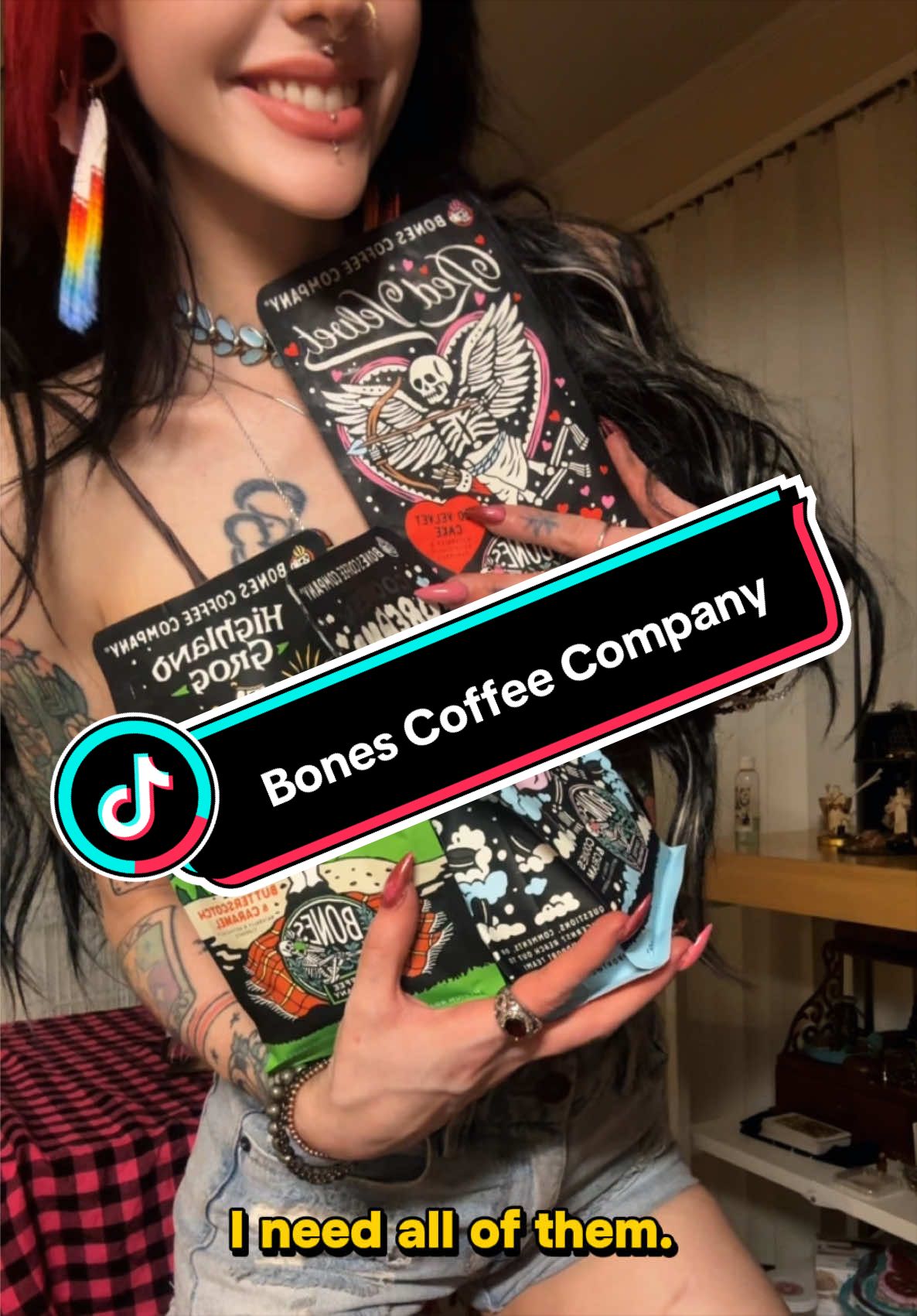 TikTok post by @persephoneunderground33 for Bones Coffee Company. Caption reads: [...] lovely caffeine (Highland Grog) @Bones....