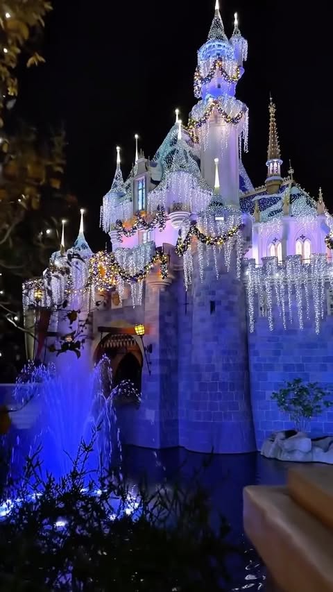 Instagram post by @misswizardingworld for Disneyland. Caption reads: Disneyland at night during the holidays is just SO....